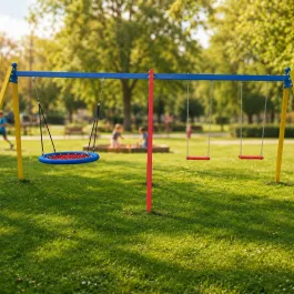 Háromüléses hintaállvány (fém) 2 db laphintával és 1 db fészekhintával